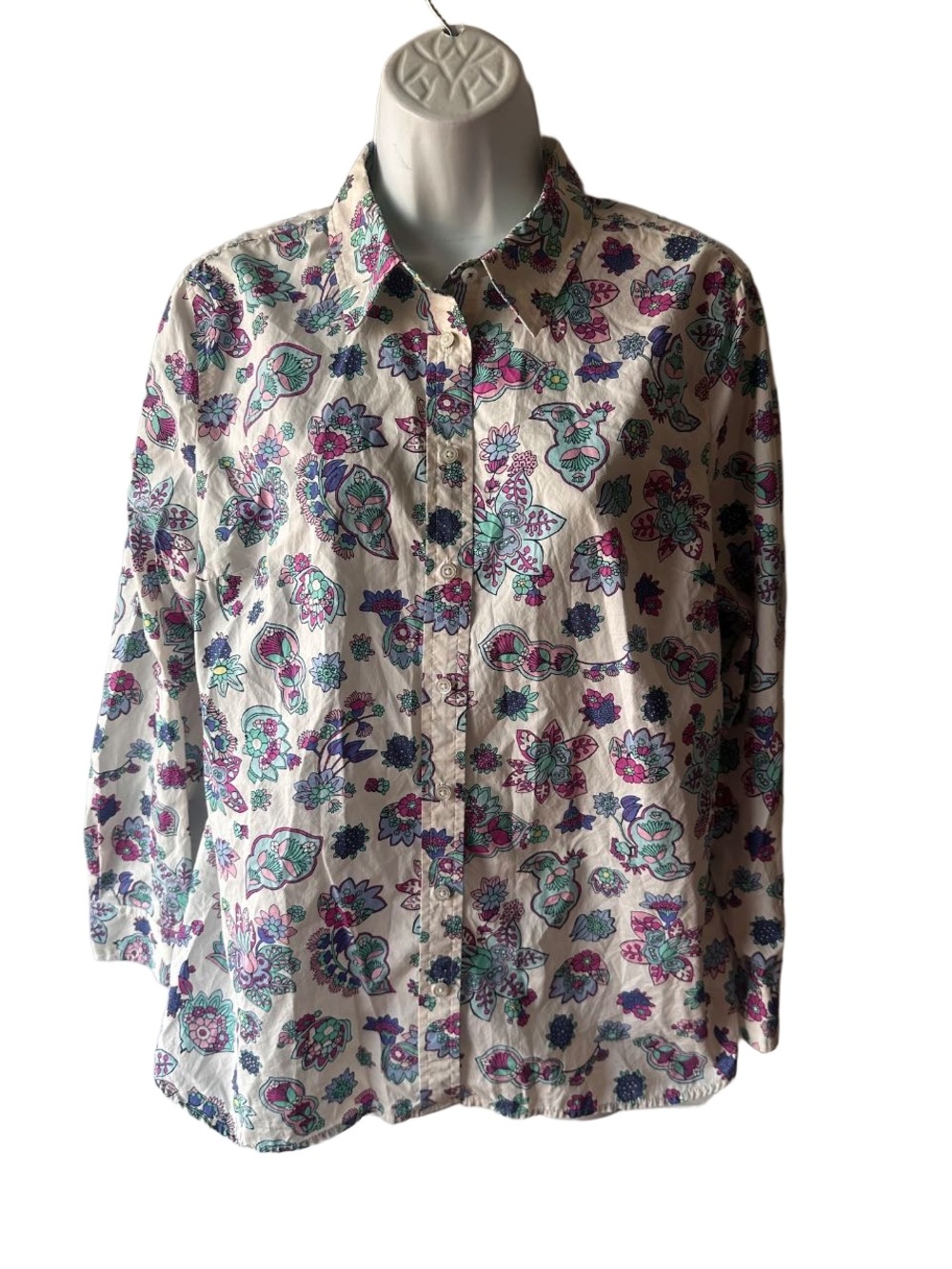 Talbots Classic Cotton Shirt Blossom Paisley Size LP White Floral Paisley Retro